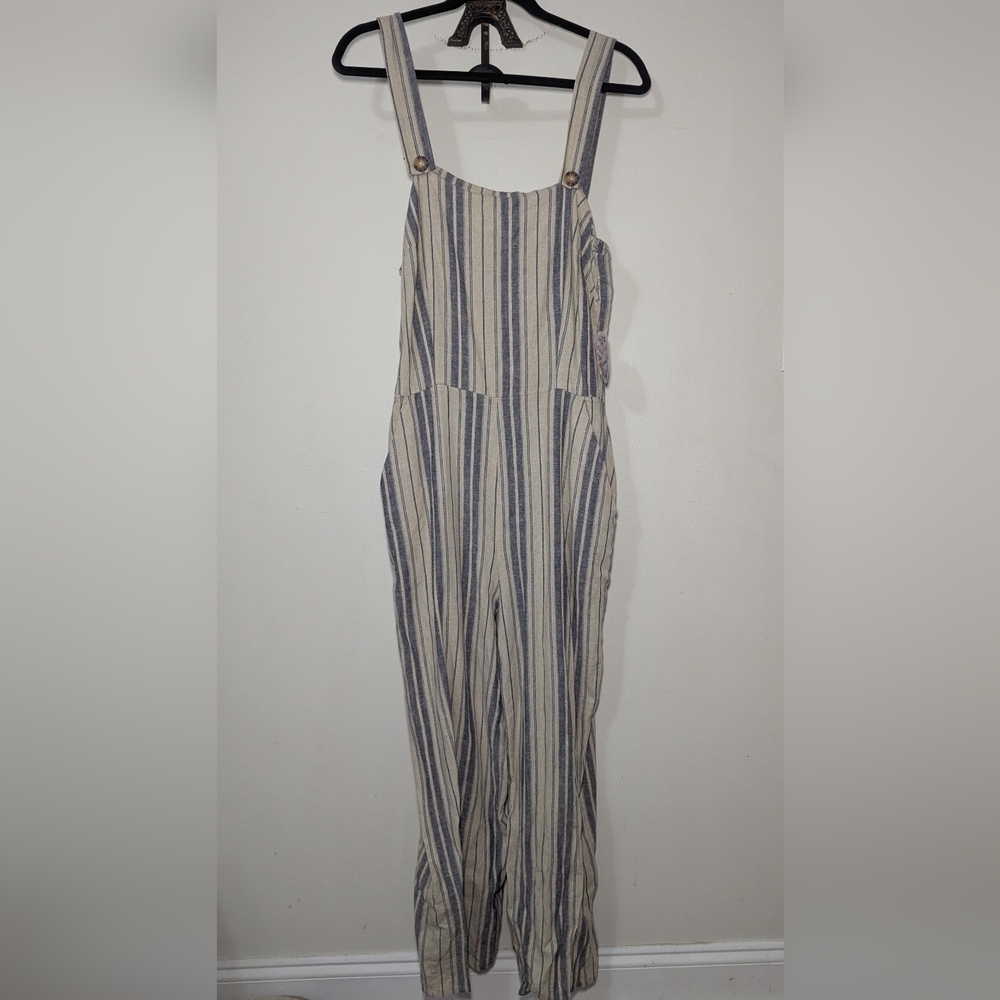 Striped Linen-Blend Overalls Cream Blue Wide Leg Boho Gypsies & Moondust Size L